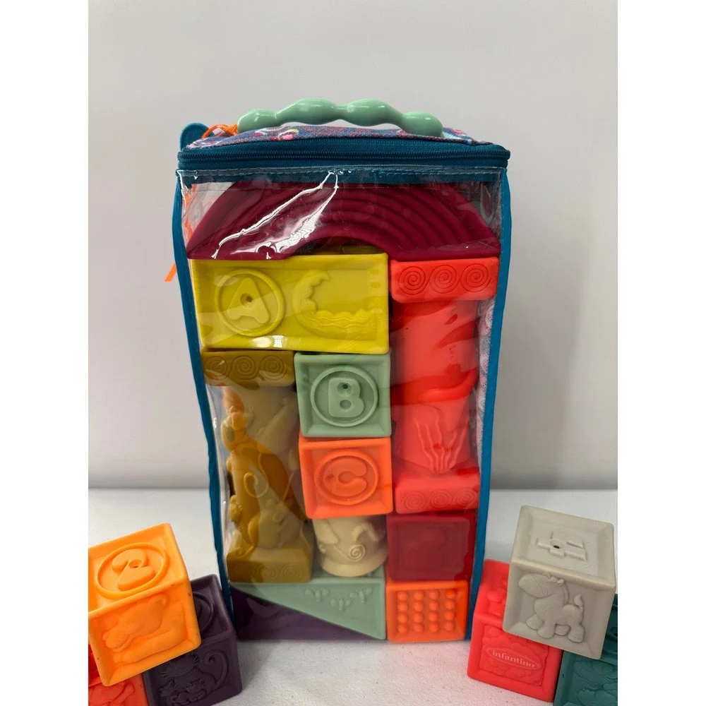 B Baby Soft Squeeze Blocks Building Toy Set Animals Letters Shapes Nursery Bag